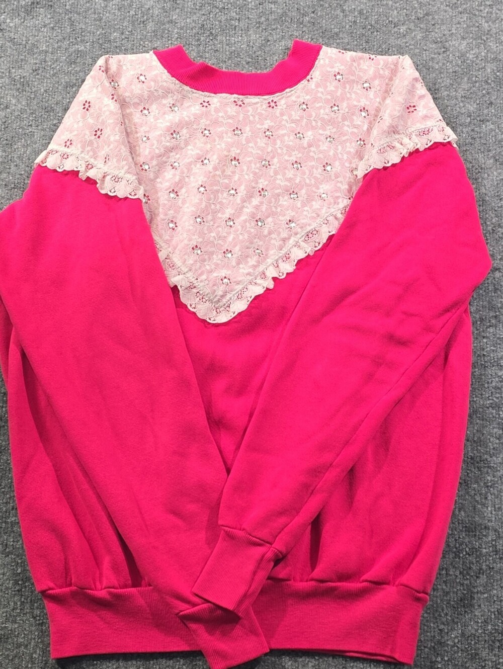 Pink Lace Rhinestone Embellished Pullover Sweatshirt Crew Neck Long Sleeve